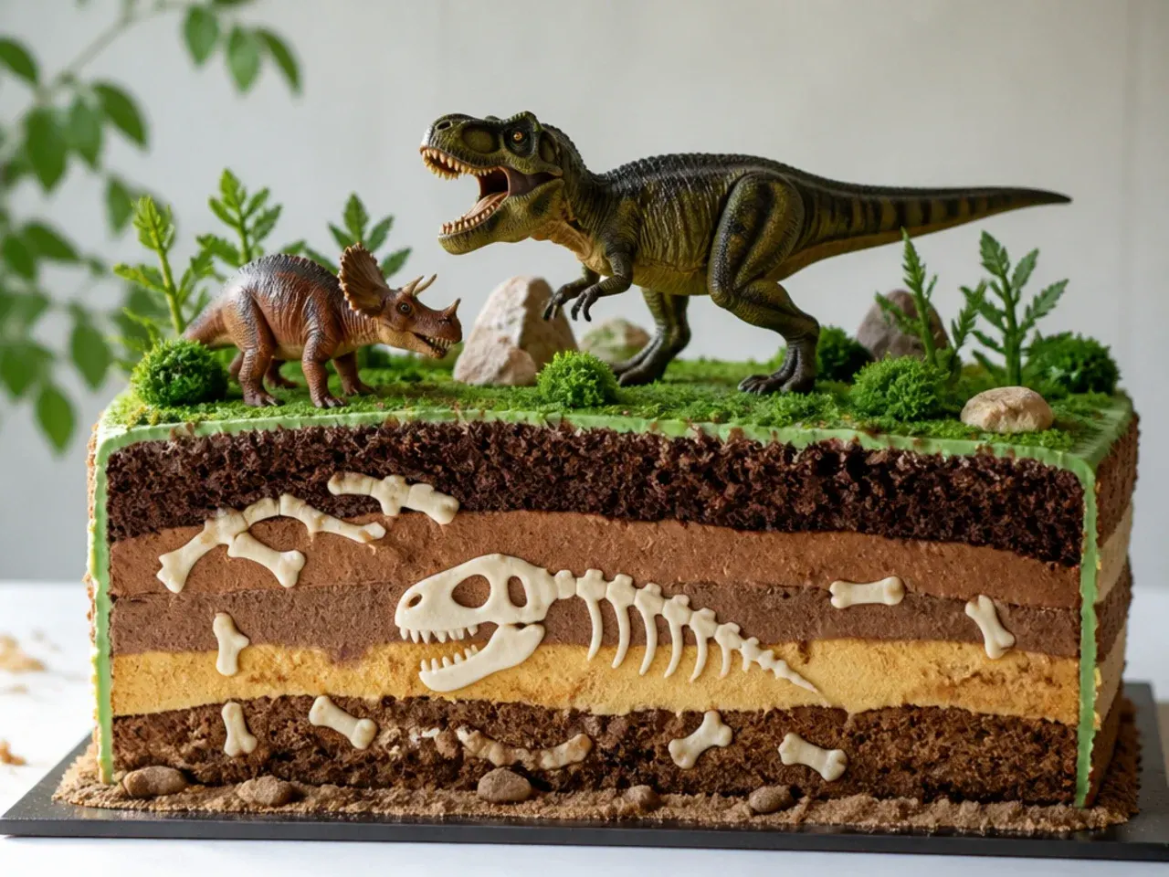 Cross-section dinosaur landscape cake design with soil strata and fossils