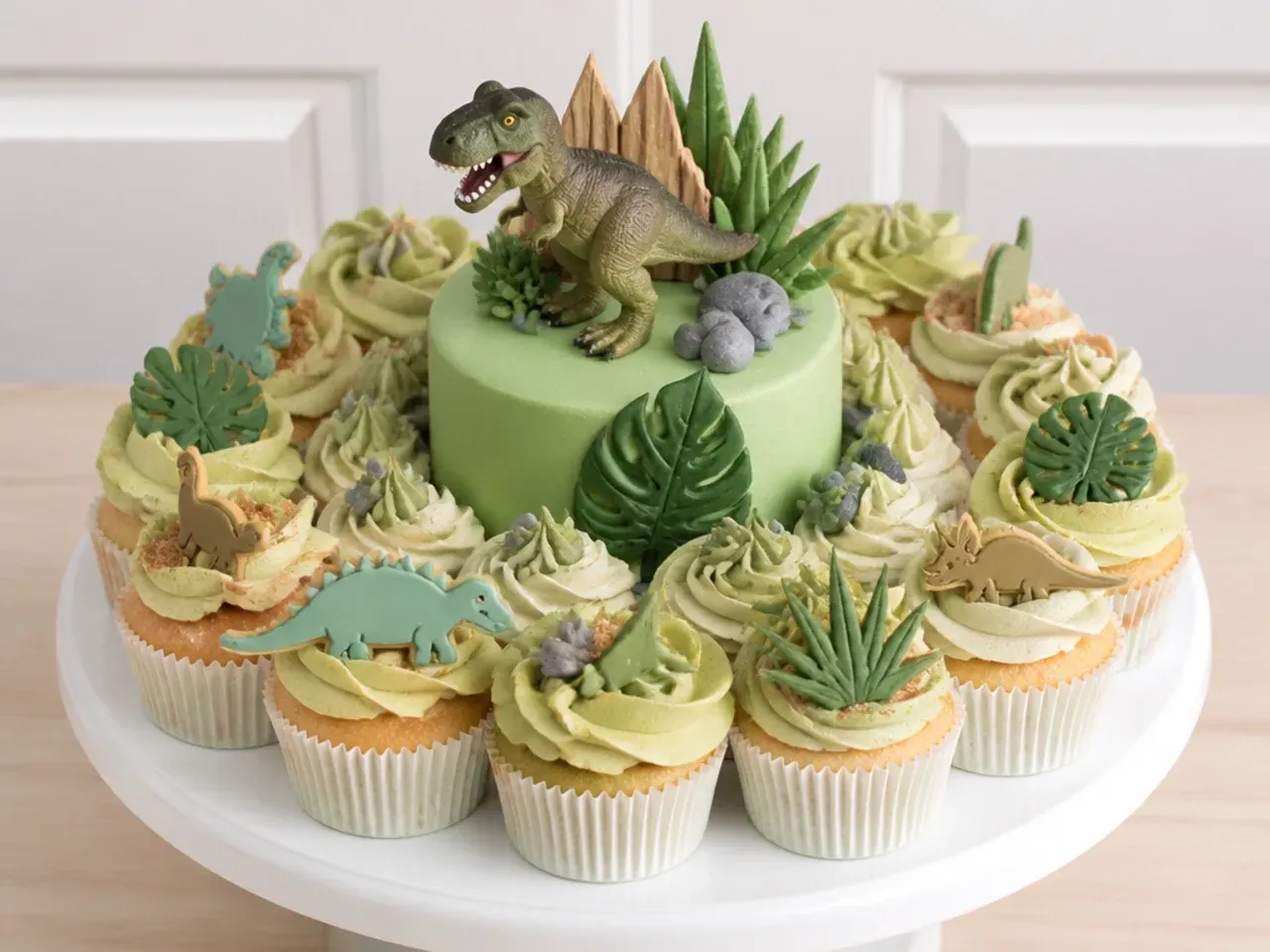 Charming dinosaur cupcake bouquet cake idea with centerpiece and ring