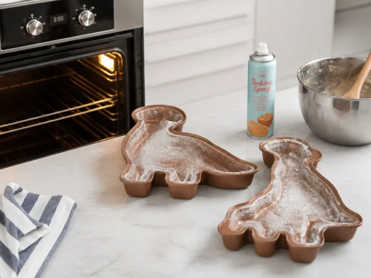 dinosaur cake for boys — step 1: prep the tins and oven