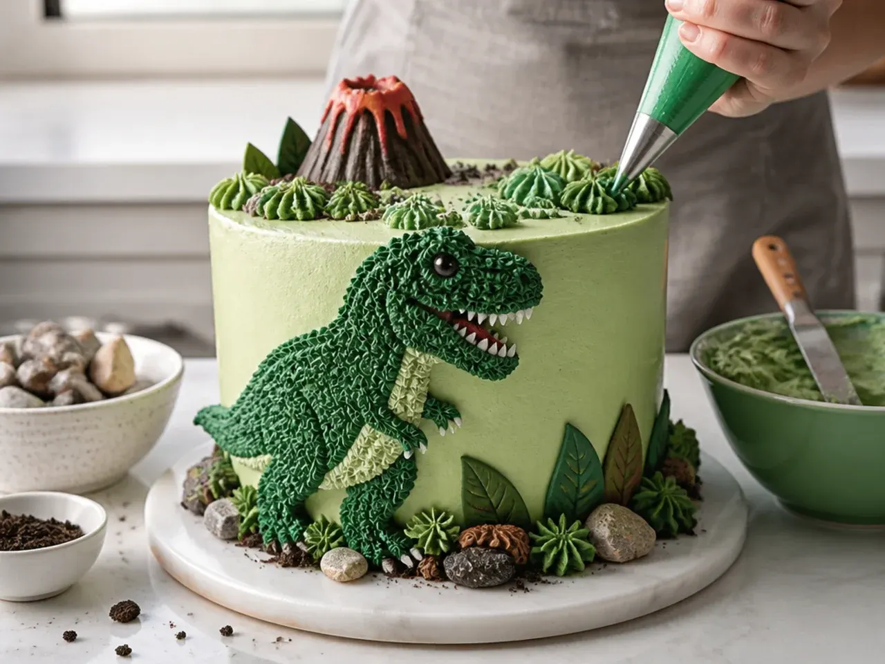 dinosaur cake for boys — step 7: make buttercream and decorate