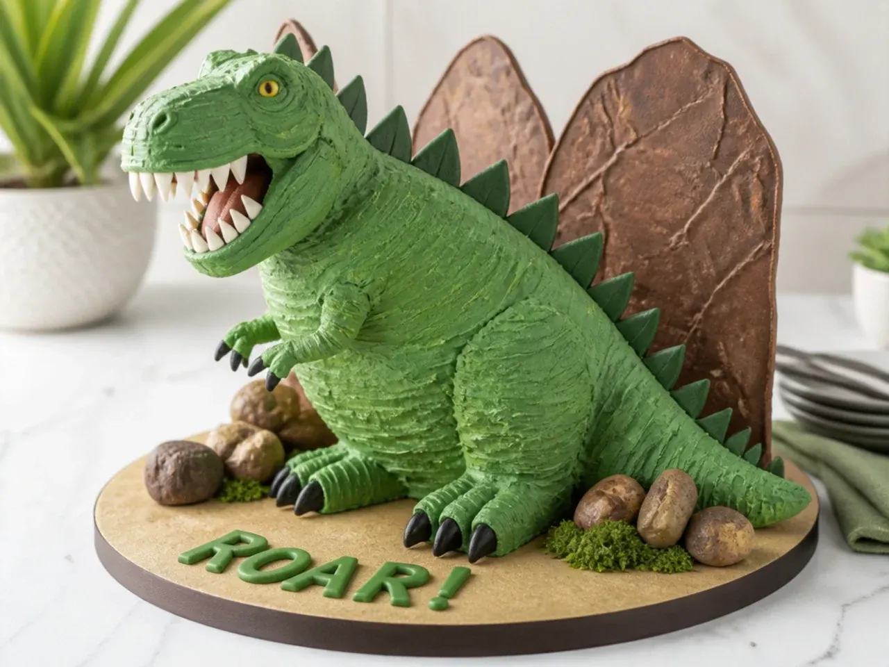 Green spiked T-Rex buttercream dinosaur cake for boys with fondant back plates