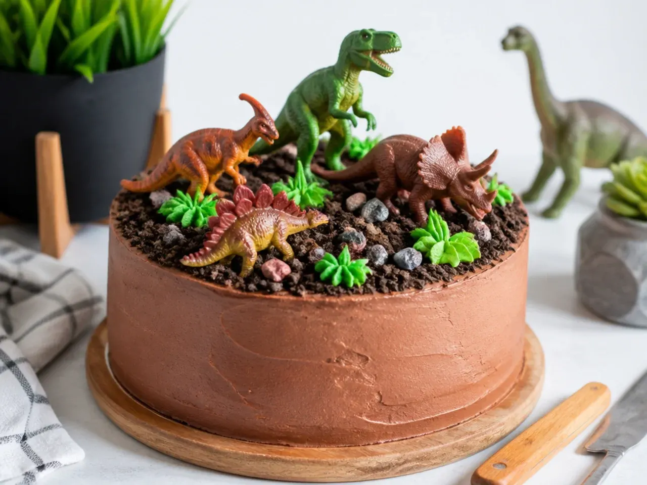 Easy round dinosaur cake for boys topped with plastic toy dinosaurs and cookie dirt