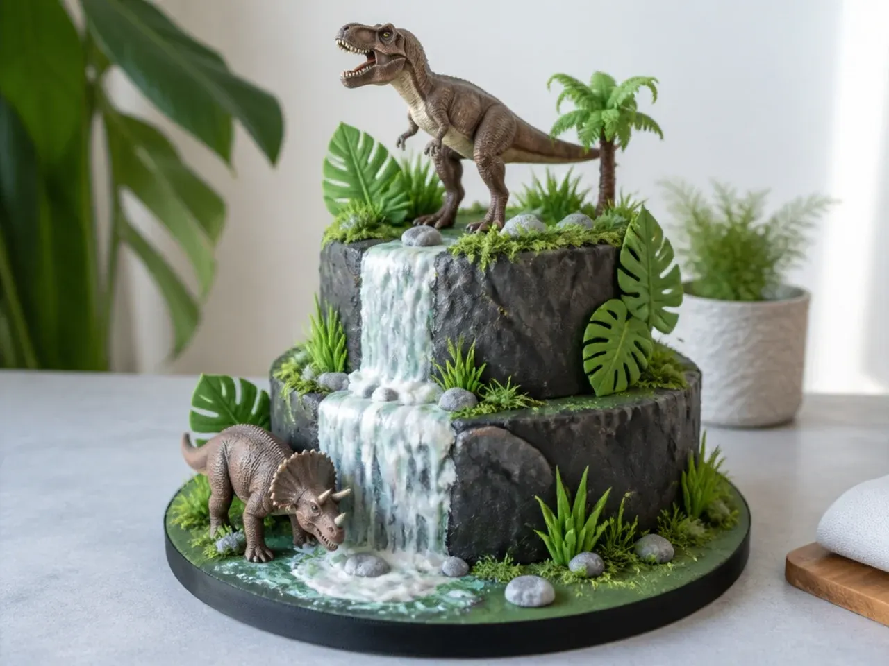 Elegant jungle waterfall dinosaur cake with piped white water and grass tufts