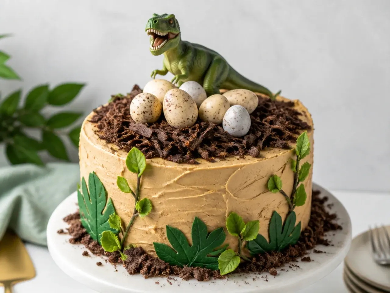 Playful dinosaur egg nest cake with speckled chocolate eggs for boys