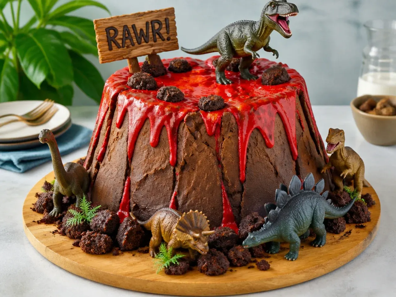 Rustic erupting volcano dinosaur cake for boys with red lava ganache drip