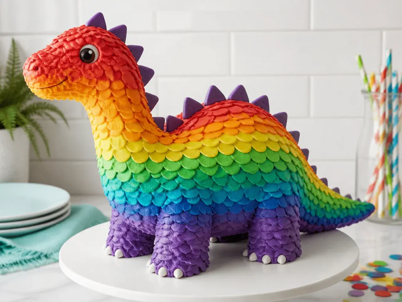 Colorful rainbow scale dinosaur cake with ombre piped buttercream scales