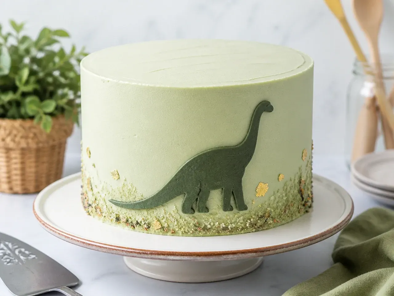 Minimal sage buttercream dinosaur cake for boys with single brontosaurus silhouette
