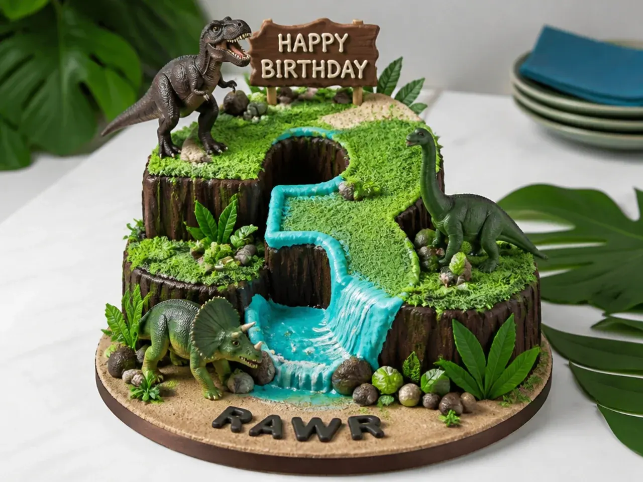 Festive birthday number dinosaur cake shaped as a habitat with figures