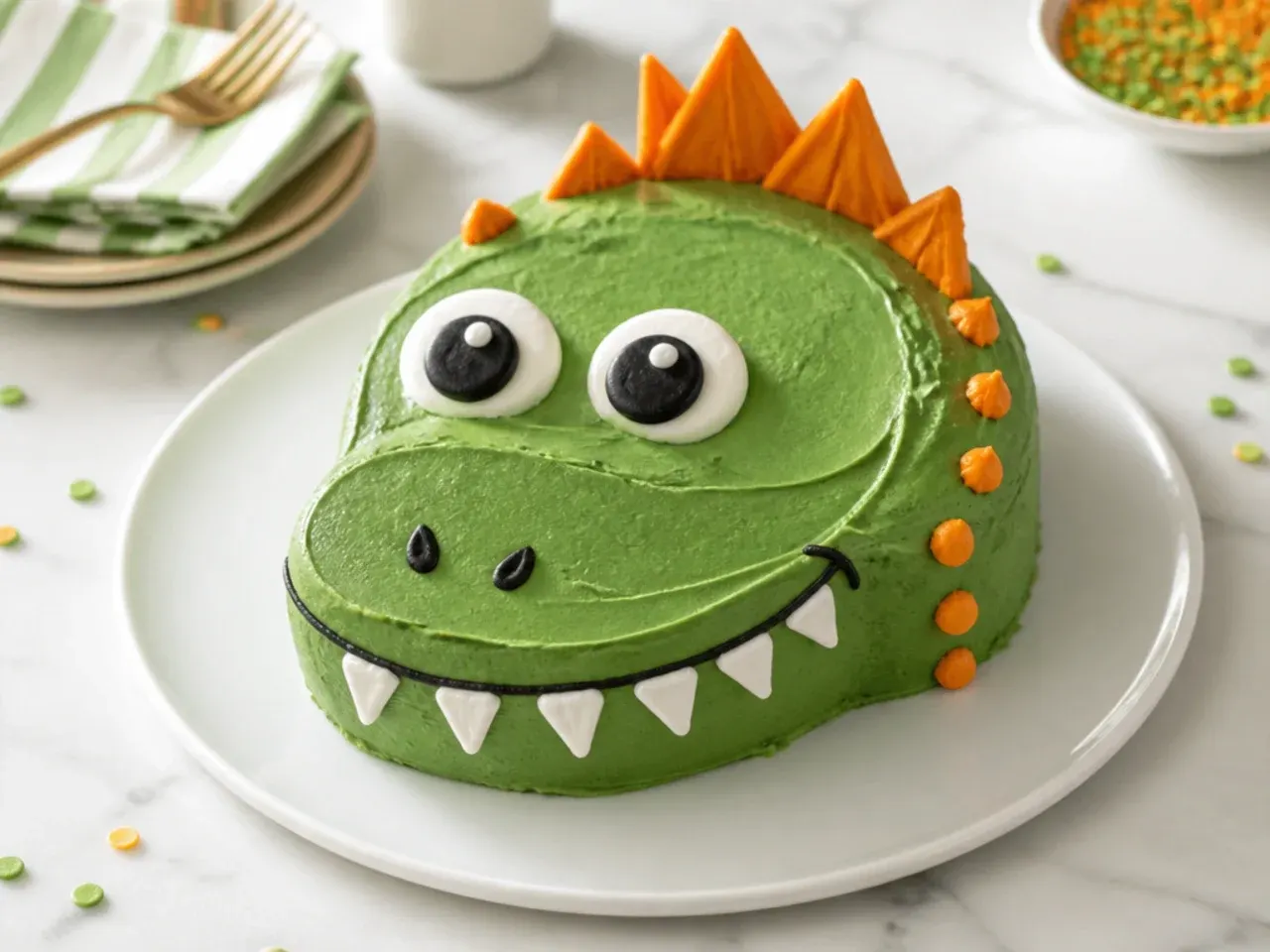 Whimsical cartoon dino face cake with googly candy eyes for toddlers