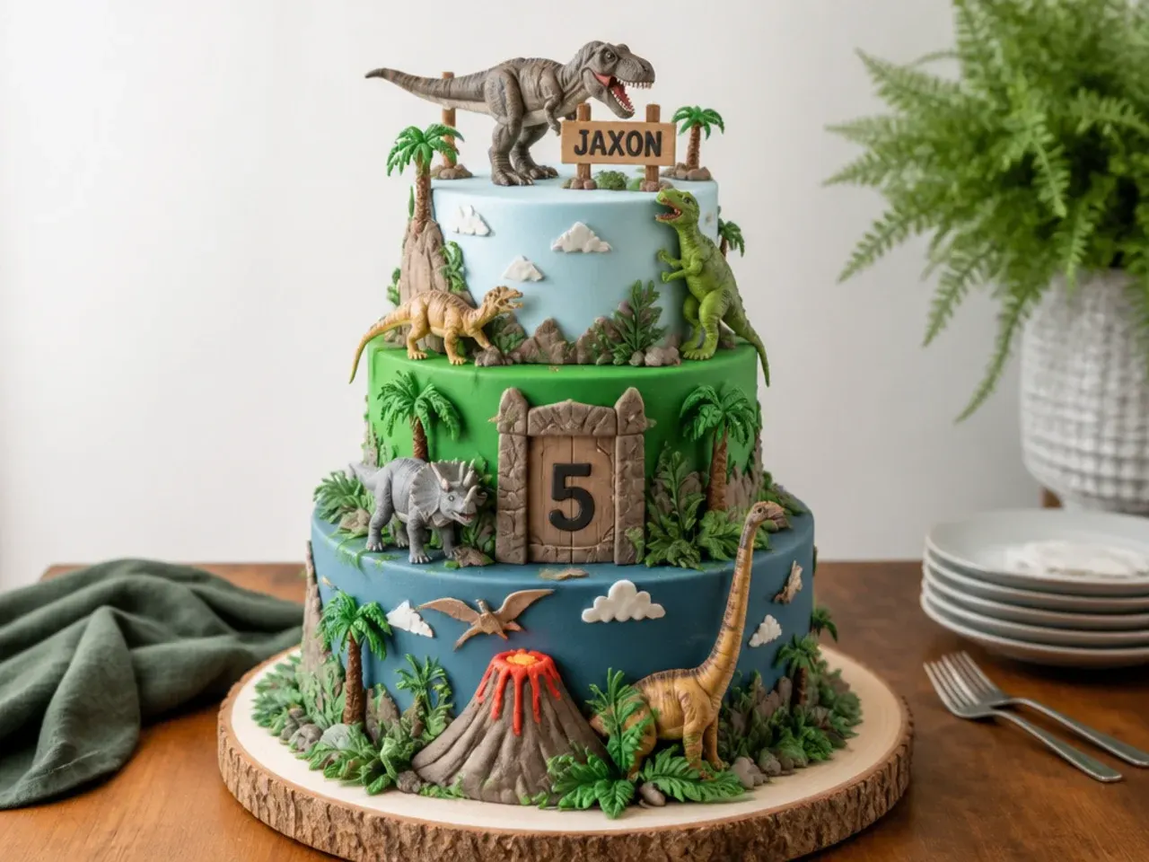 Bold three-tier dinosaur world cake with climbing figures and varied terrain