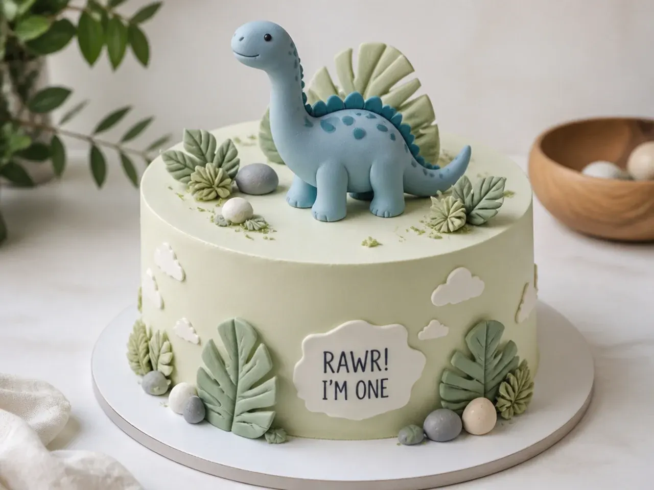 Delicate pastel dinosaur cake for boys in sage with dusty blue fondant dino