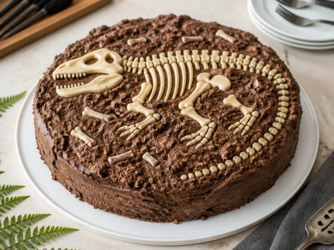 Vintage fossil excavation dinosaur cake with buried white chocolate bones