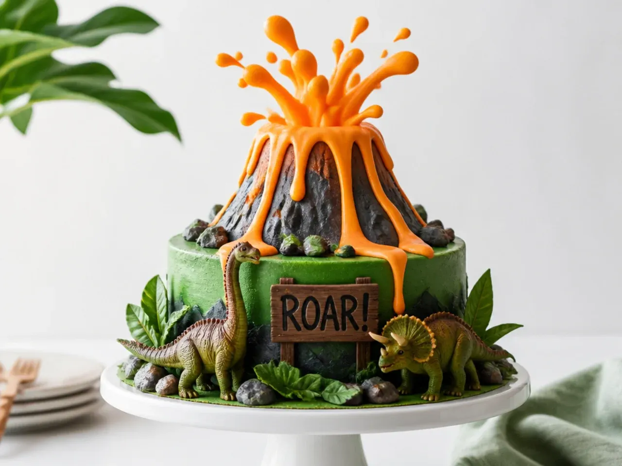 Creative erupting volcano smash cake for a boy's first birthday