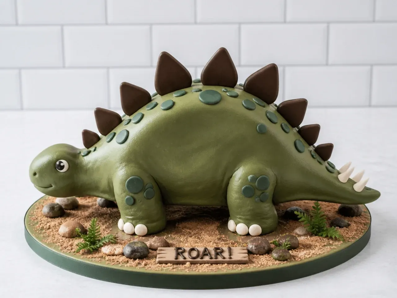 Charming stegosaurus dinosaur cake for boys with triangular fondant back plates