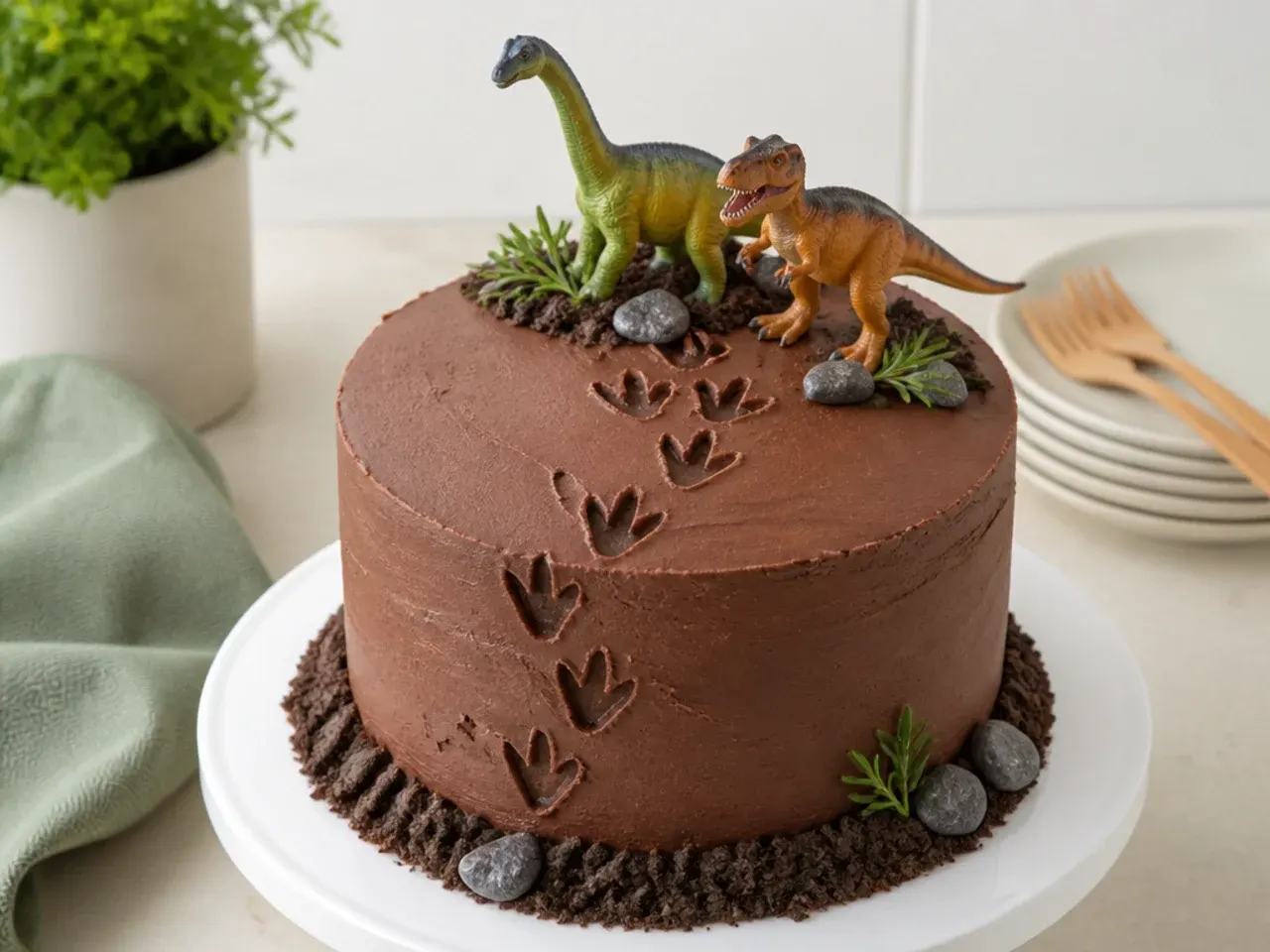 Classic chocolate dinosaur cake with stamped footprint tracks for boys