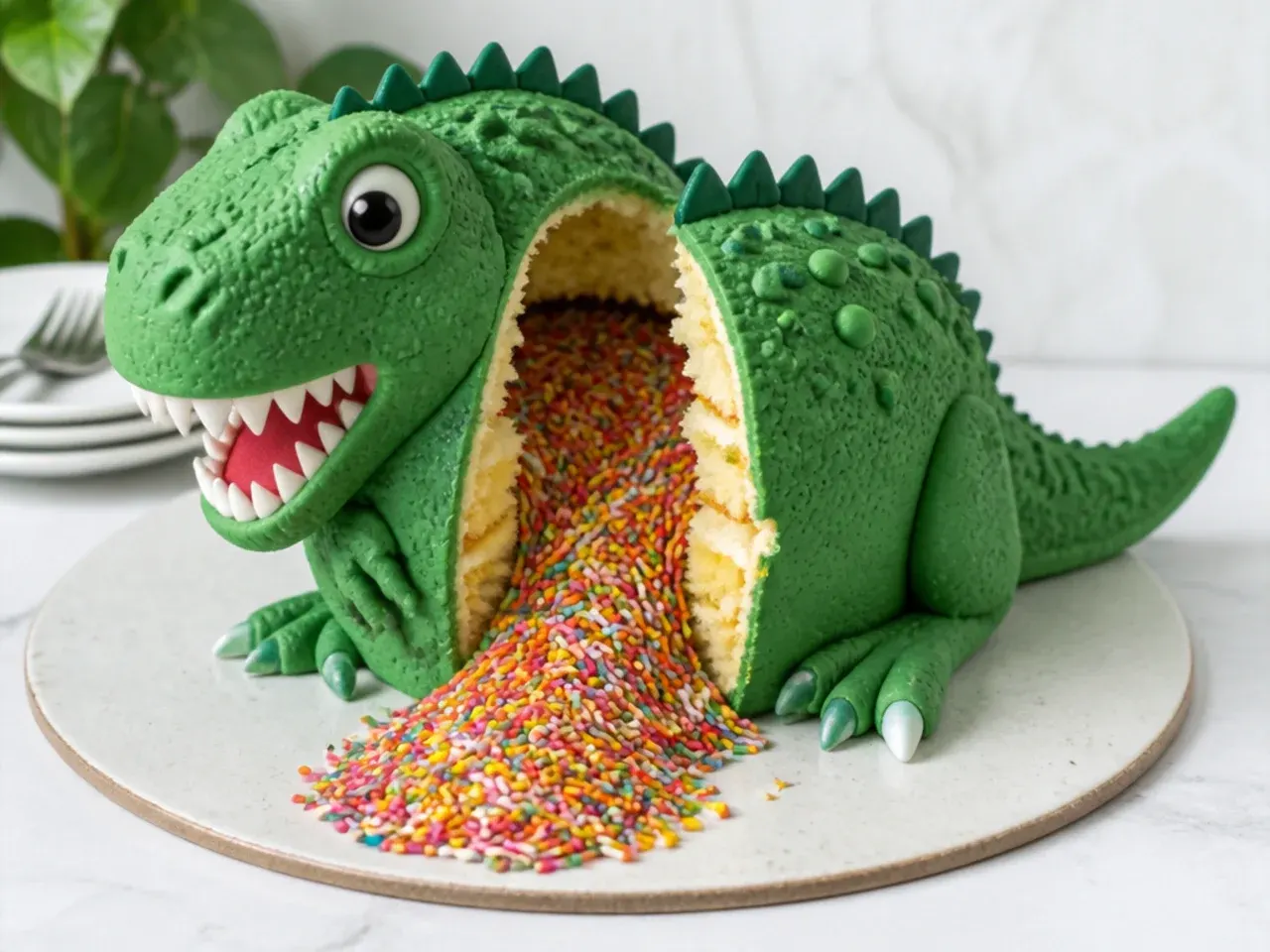 Playful surprise-inside dinosaur cake for boys spilling rainbow sprinkles