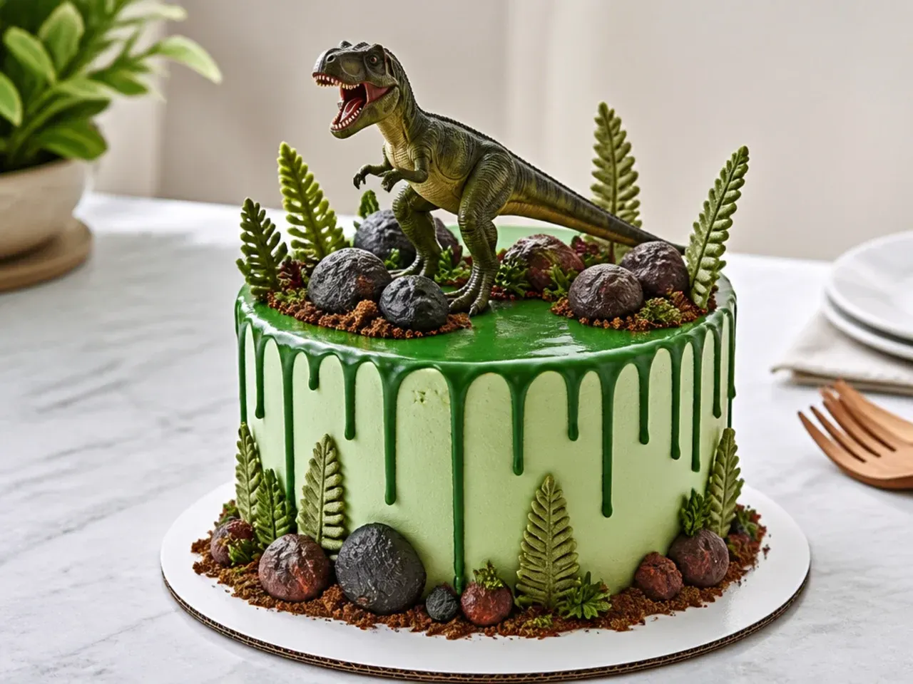 Modern green drip dinosaur cake with chocolate ferns and boulders