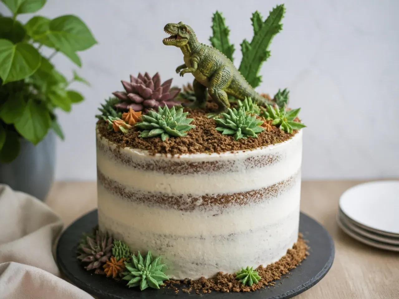 Rustic semi-naked dinosaur terrarium cake with piped buttercream succulents