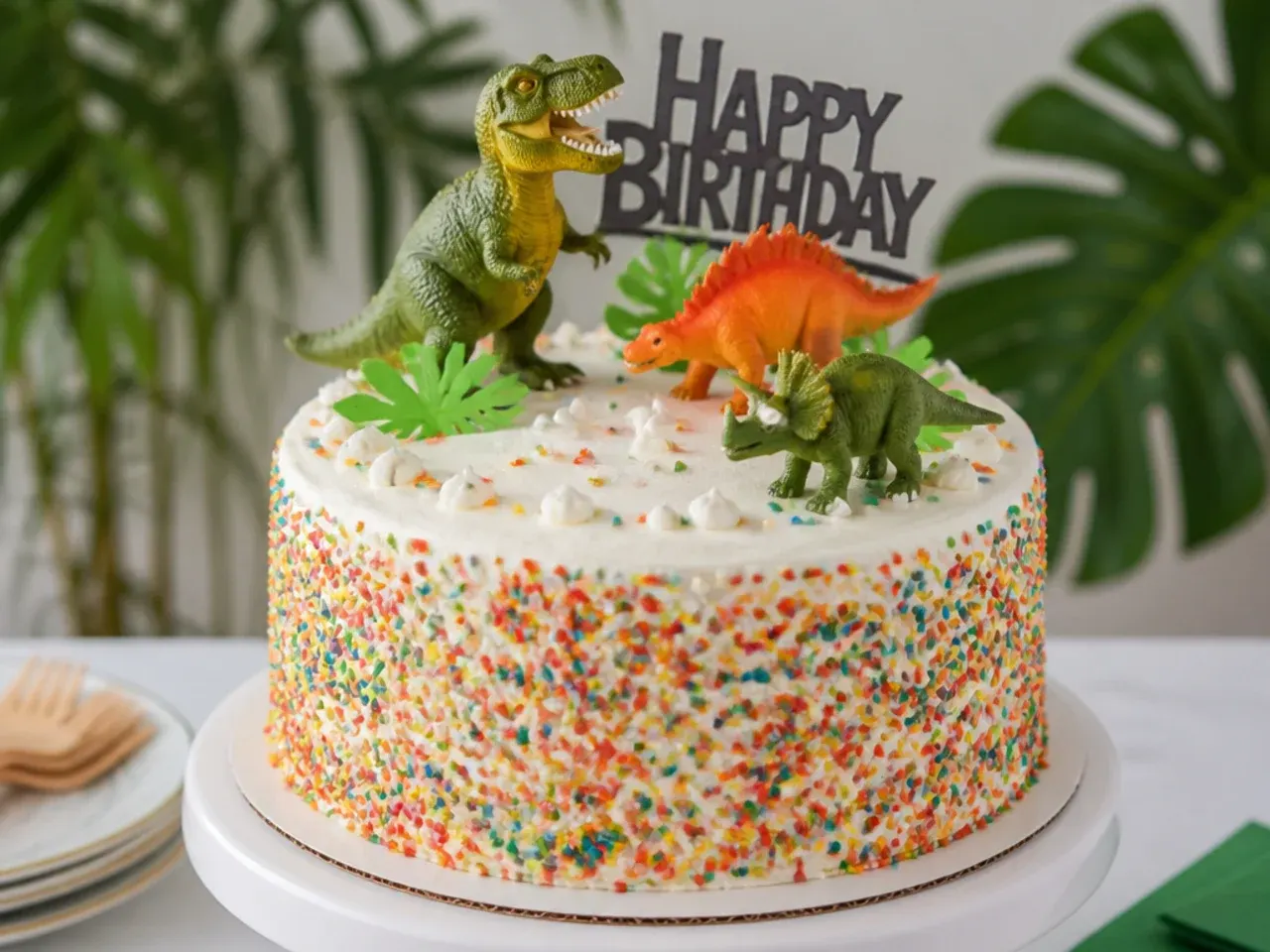 Colorful confetti dinosaur party cake for boys with sprinkle sides