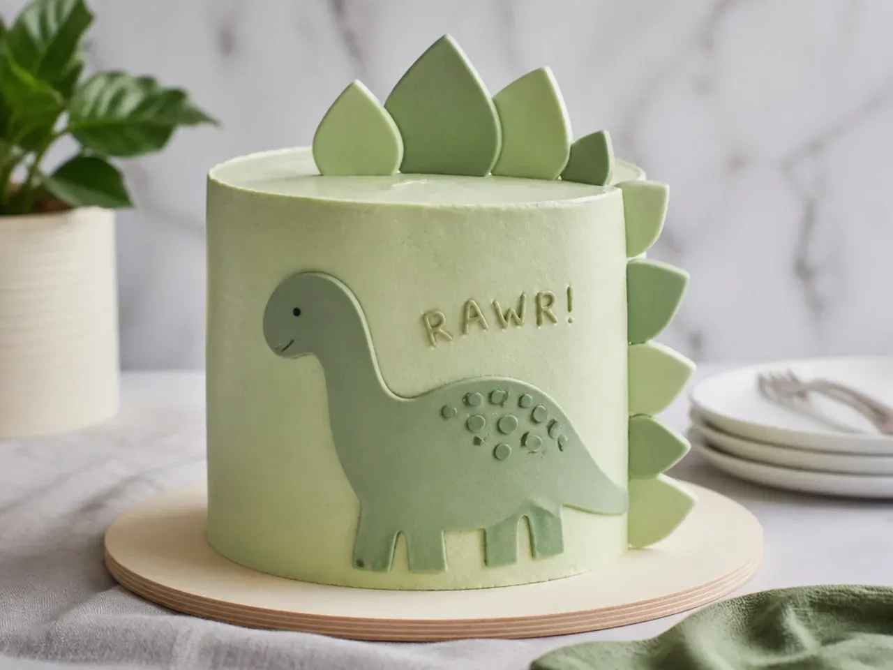 Minimal sage dinosaur cake for boys with tonal fondant ridge spikes
