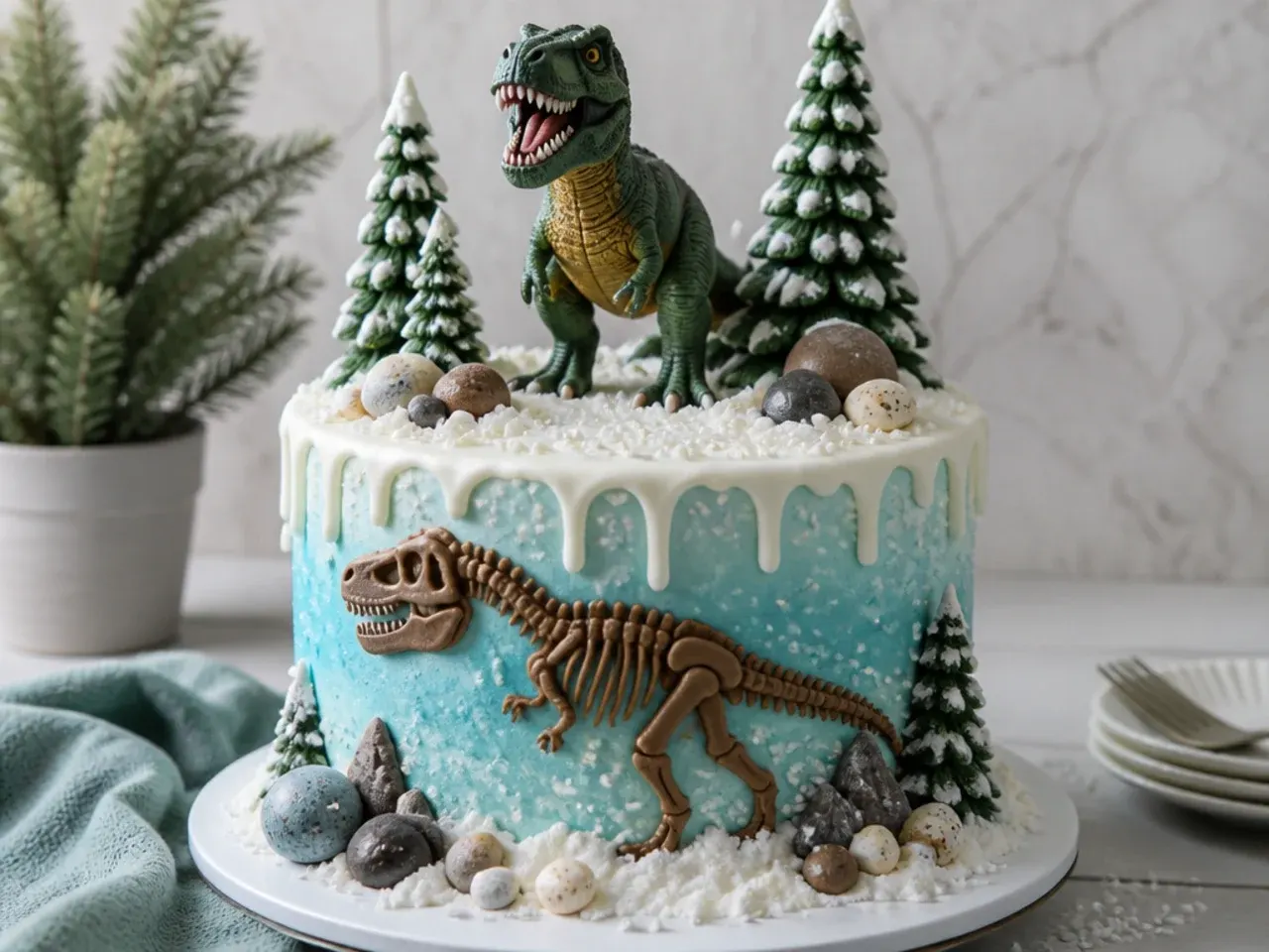 Festive snowy winter dinosaur cake for boys with fondant pine trees