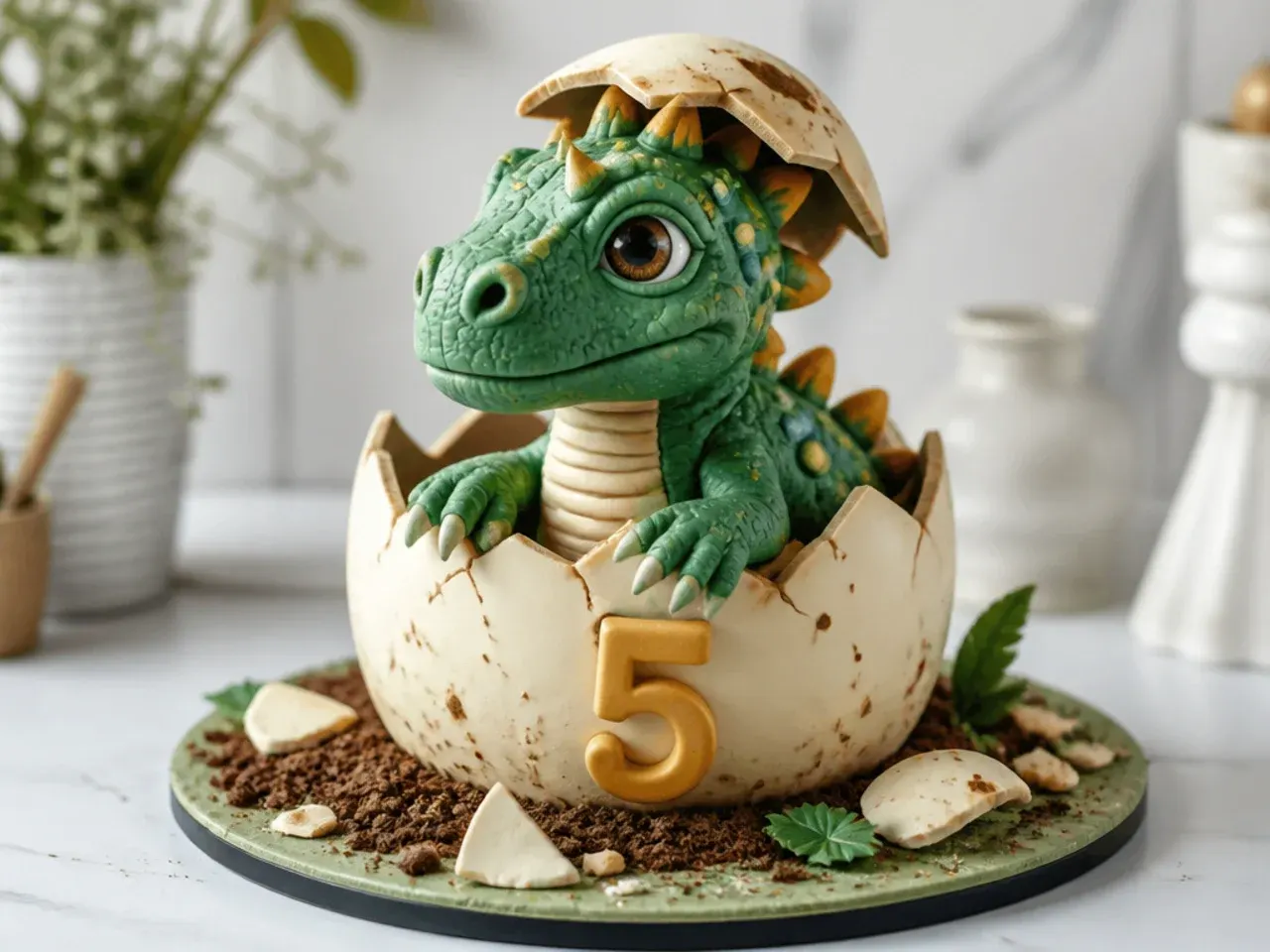 Whimsical hatching dinosaur cake for boys emerging from a cracked egg