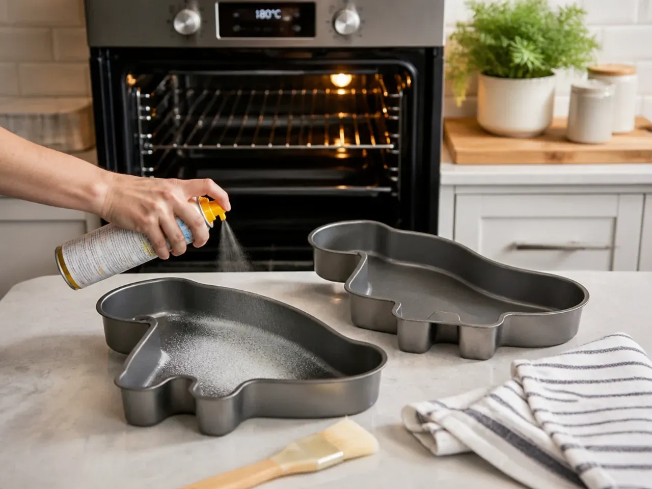 dinosaur cake ideas — step 1: prep the tins and oven