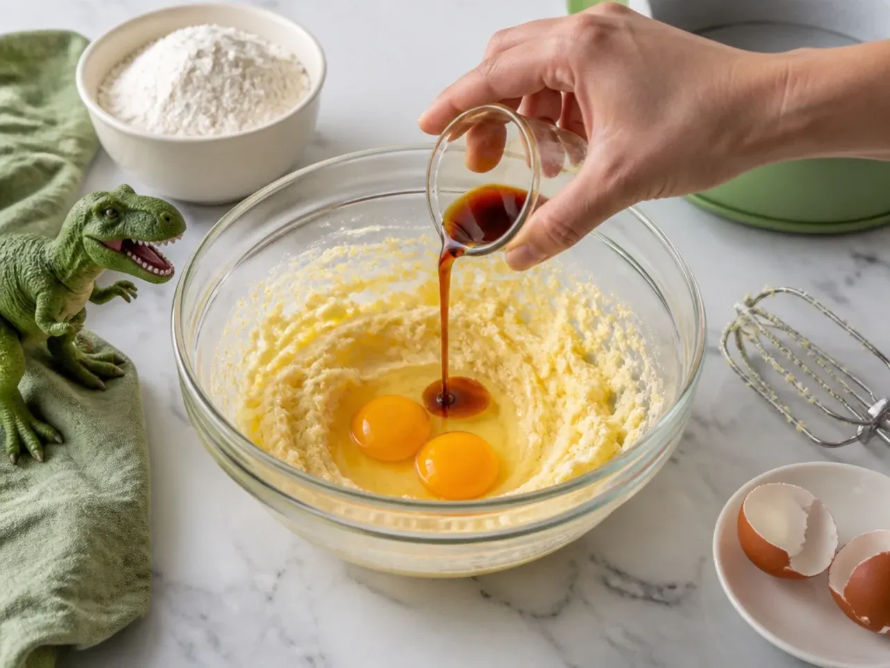 dinosaur cake ideas — step 3: add the eggs and vanilla