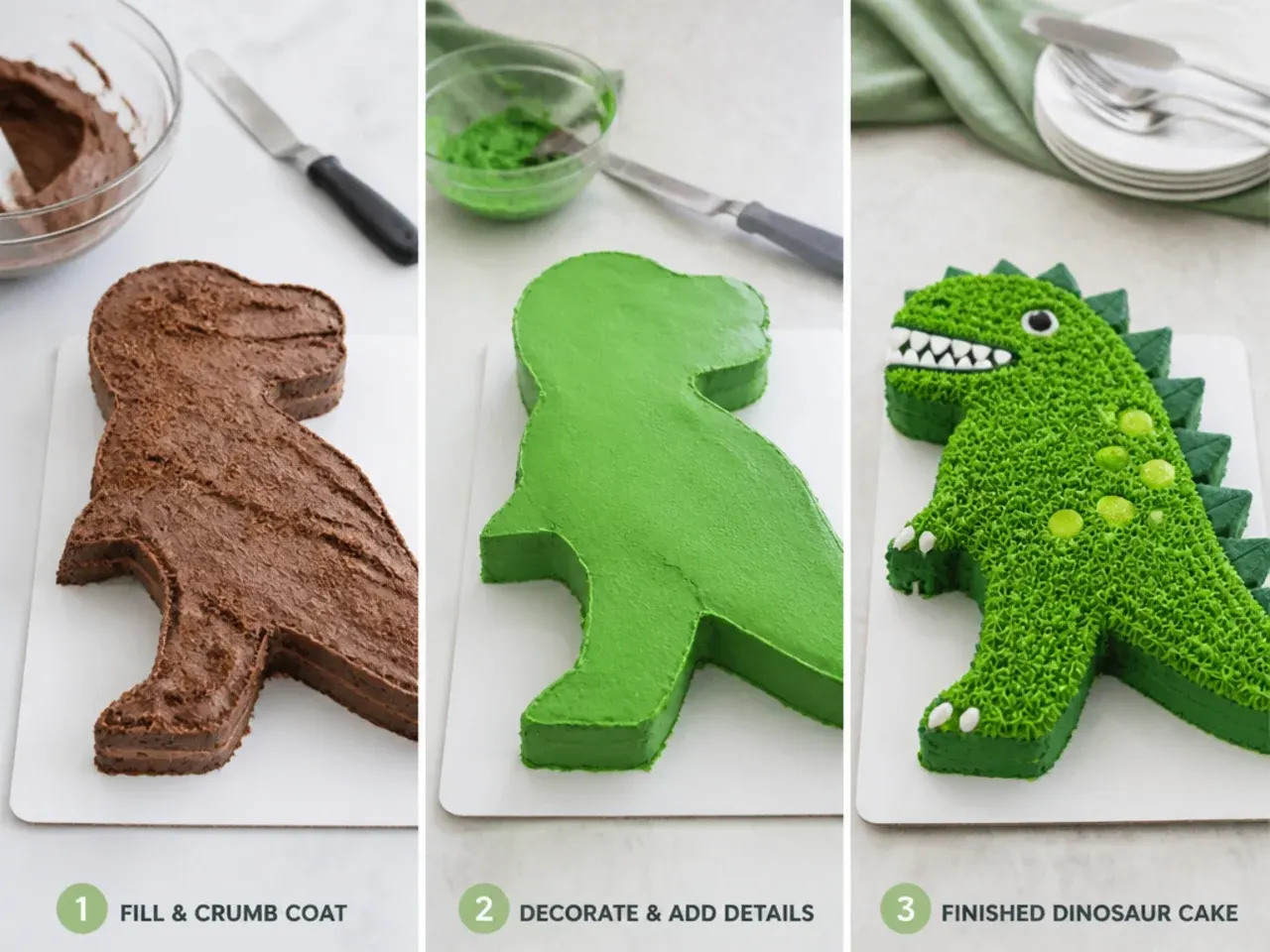 dinosaur cake ideas — step 7: fill, crumb coat and decorate