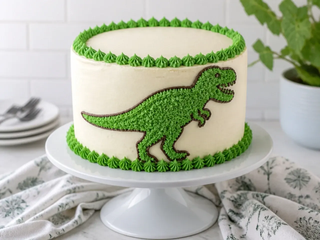 Green T-Rex silhouette dinosaur birthday cake with piped chocolate outline on a cake stand