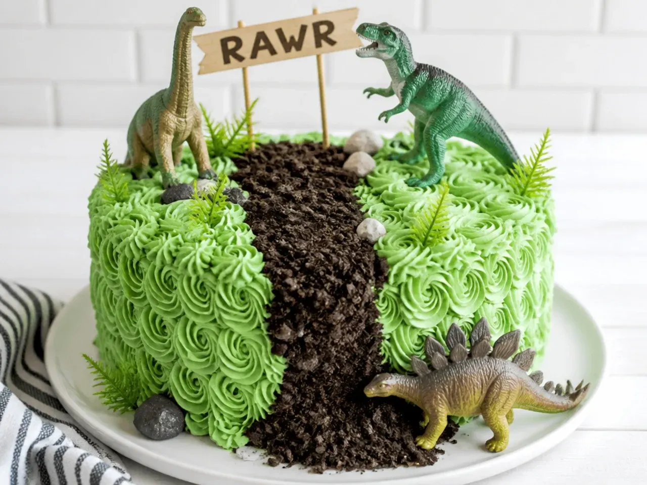 Easy dino cake with green buttercream swirls, toy dinosaurs and crushed Oreo dirt path