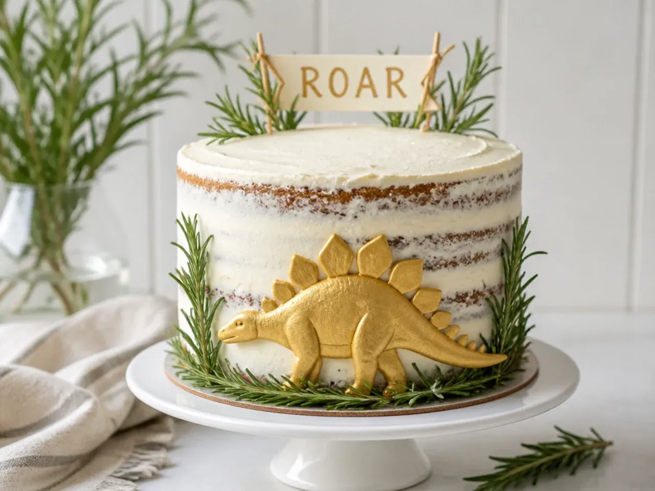 Elegant semi-naked dinosaur themed cake with gold fondant dino and rosemary ferns