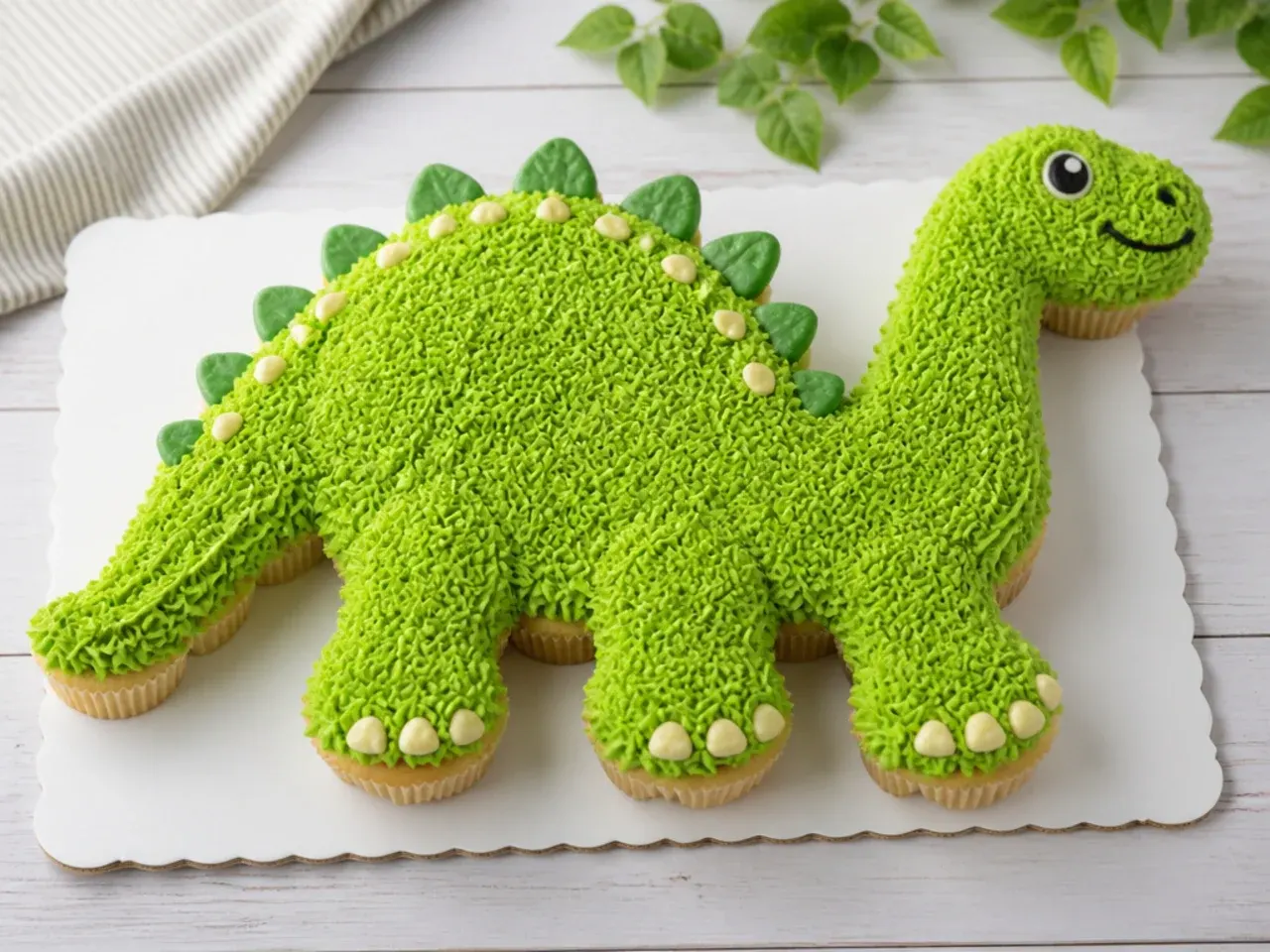 Pull-apart dinosaur cupcake cake shaped like a green brontosaurus for a kids party