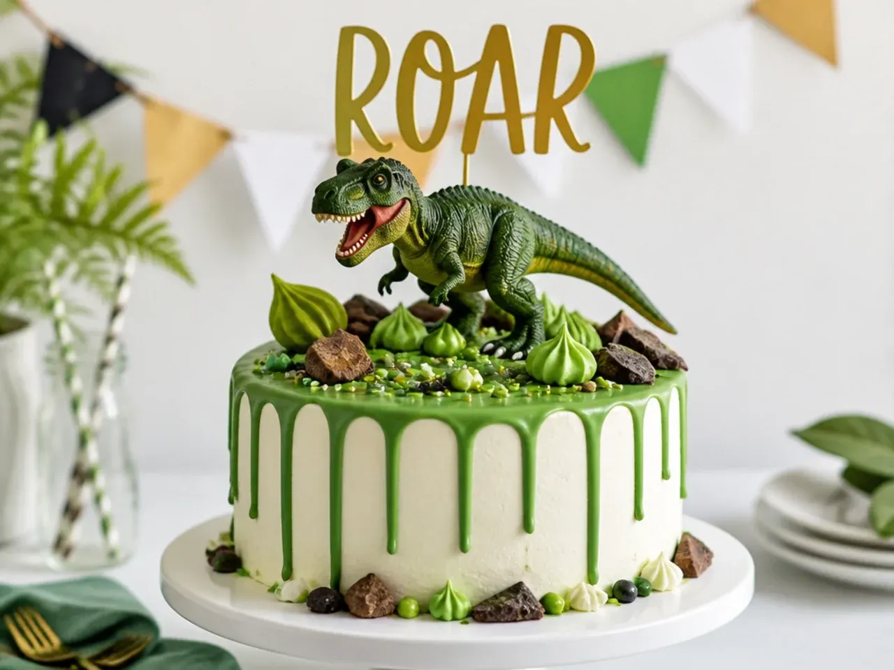 Modern dinosaur birthday cake with green candy melt drip and gold ROAR topper