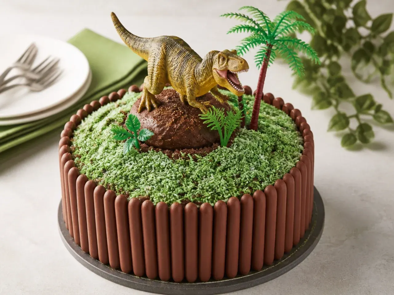 Rustic dinosaur cake with chocolate finger biscuit sides and green coconut moss