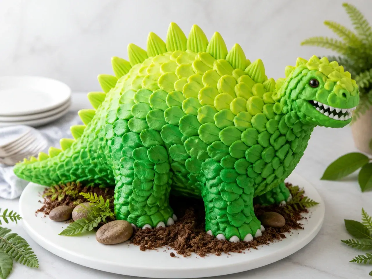 Colorful ombre green petal buttercream dinosaur cake that looks like dino scales