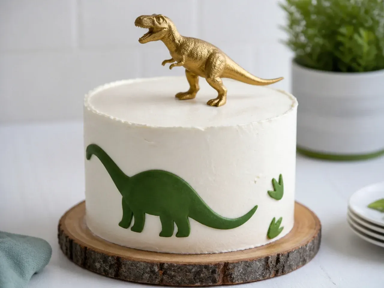 Minimal white dinosaur themed birthday cake with a single gold dinosaur topper