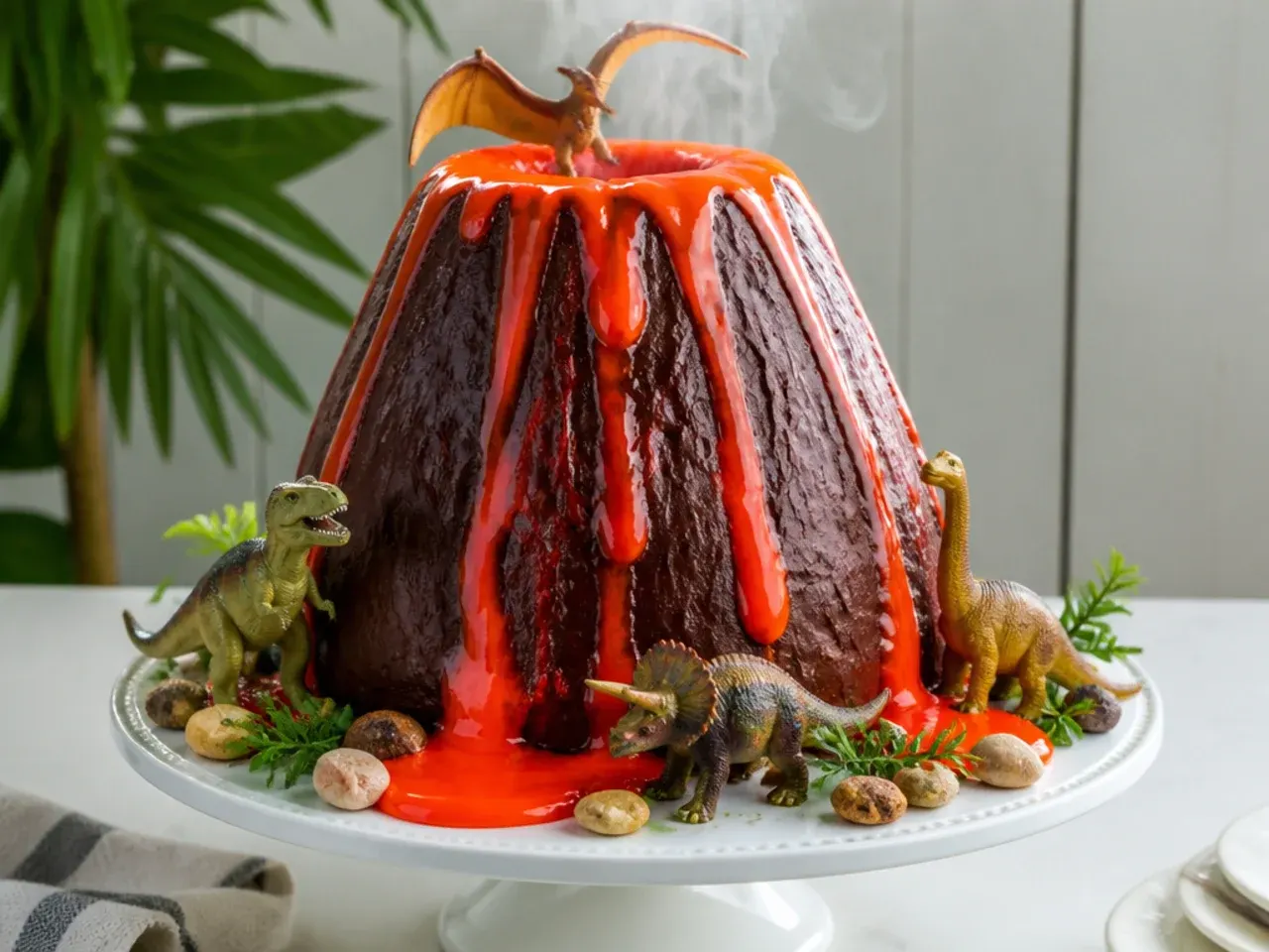 Festive volcano dinosaur cake with candy melt lava streams and toy dinosaurs