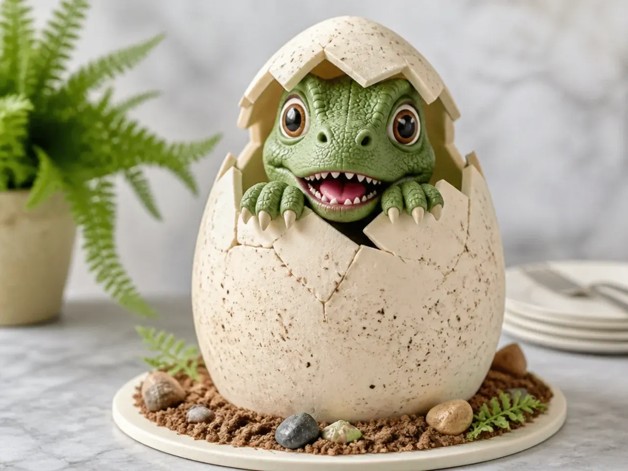 Whimsical hatching dinosaur egg cake with cracked white fondant shell and baby dino