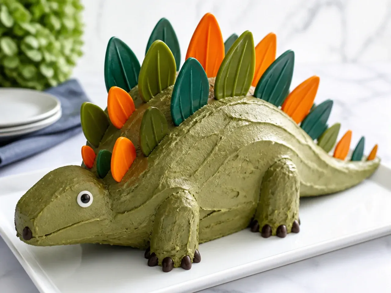 Bold stegosaurus dinosaur cake with candy melt spikes down the centre
