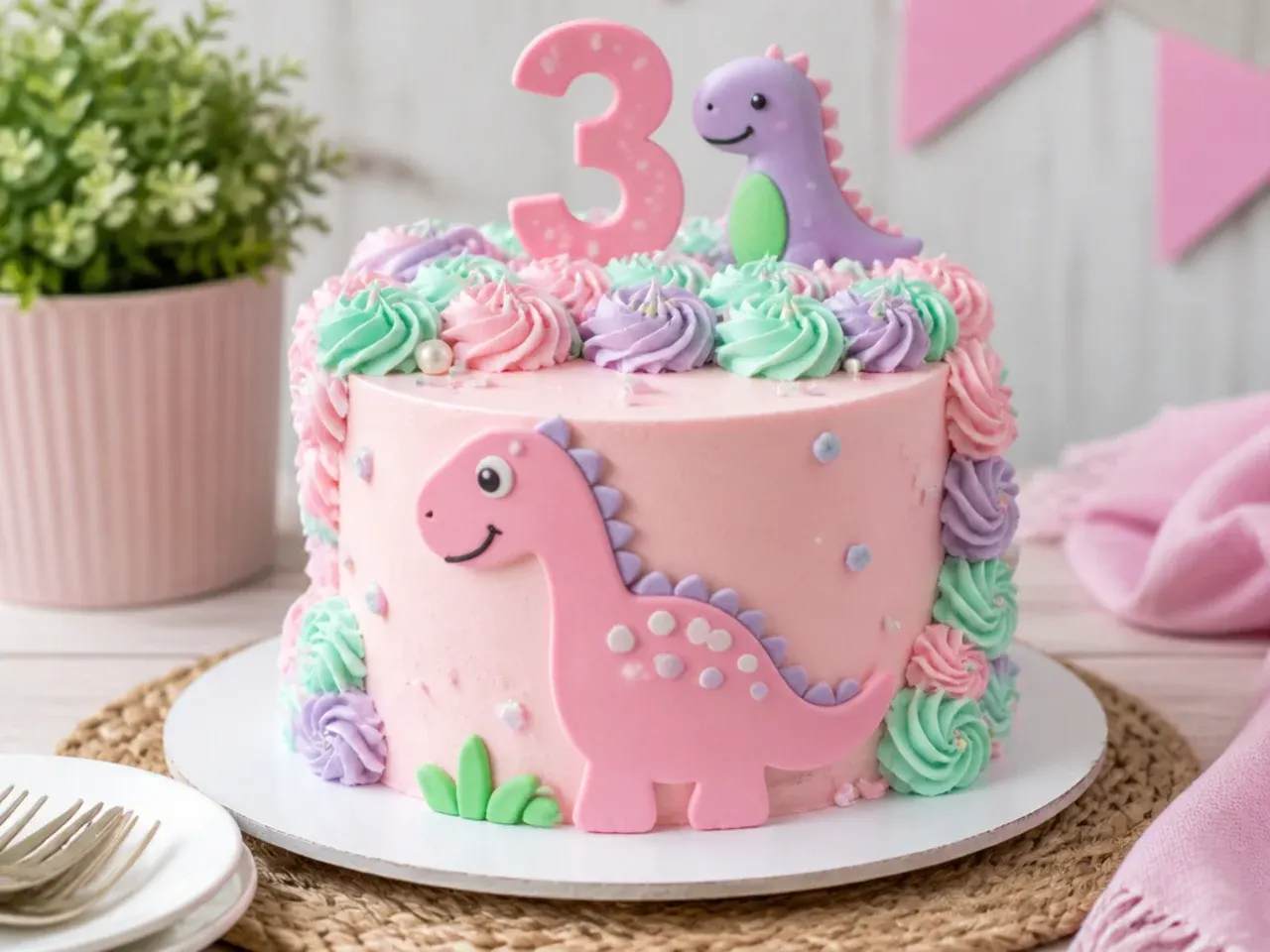 Pastel pink dinosaur birthday cake for girls with mint and lilac buttercream rosettes
