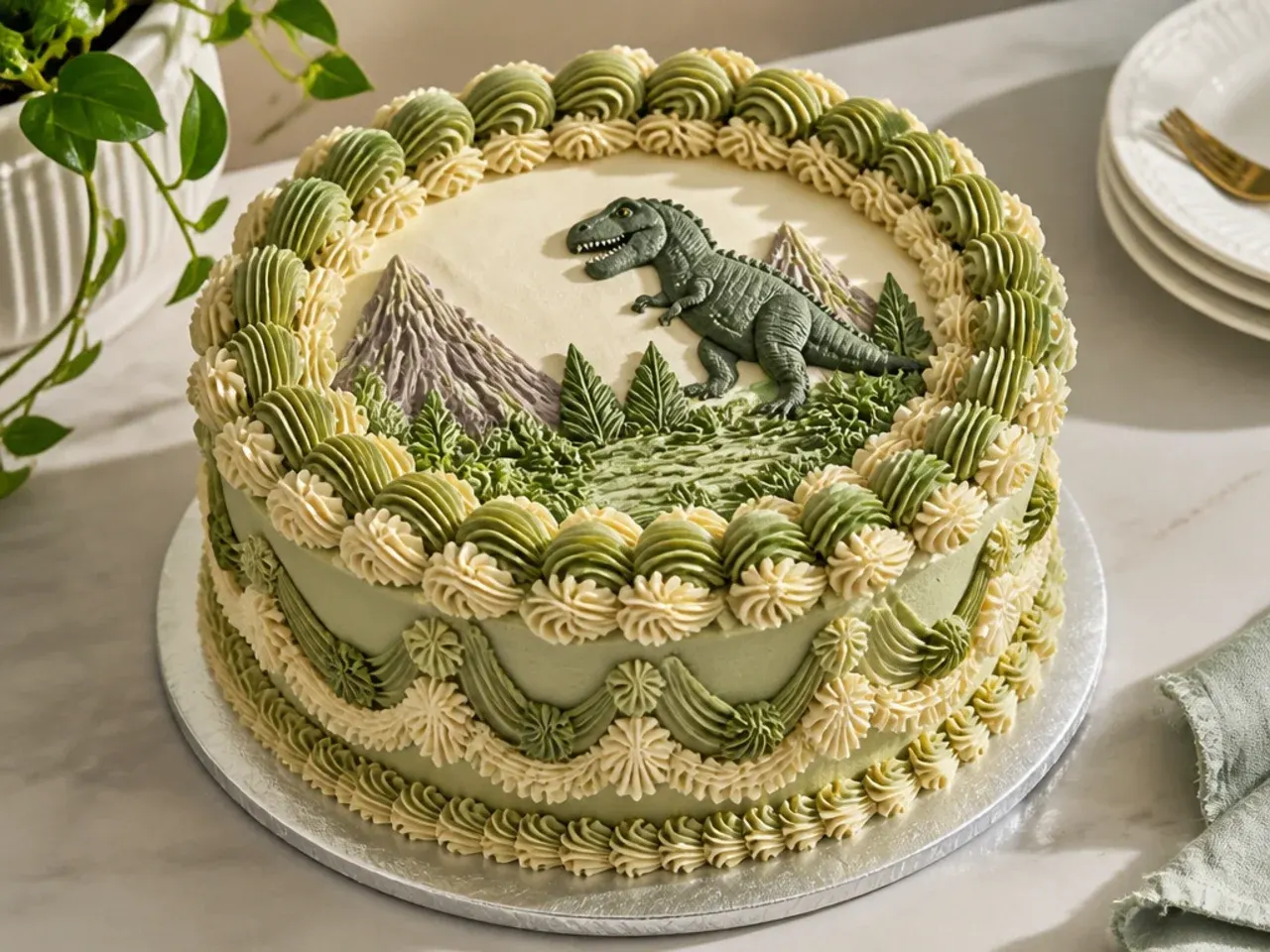 Vintage Lambeth style dinosaur cake with sage buttercream shells and overpiped borders