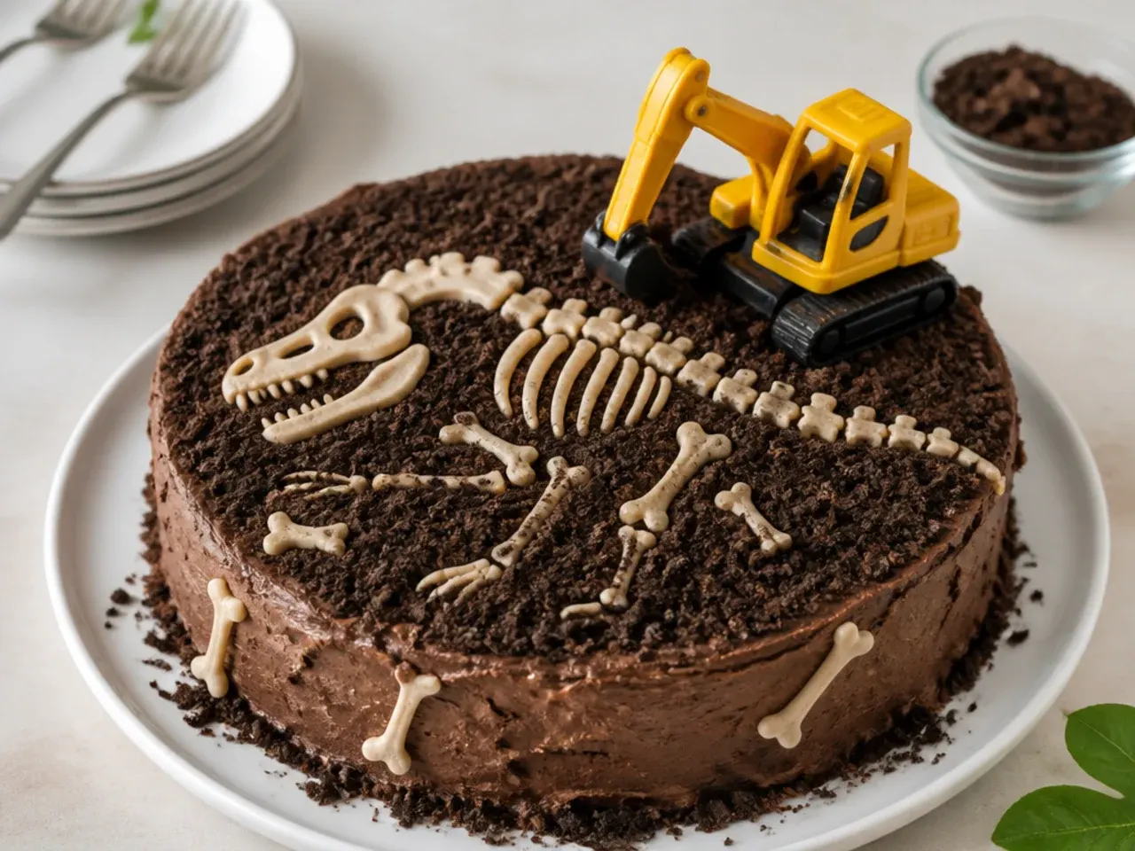 Dinosaur dig site excavation cake with Oreo dirt, chocolate bones and toy digger