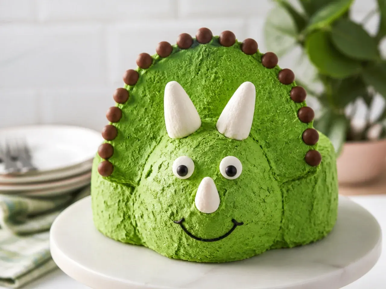 Charming triceratops face dinosaur cake with marshmallow horns and candy eyes