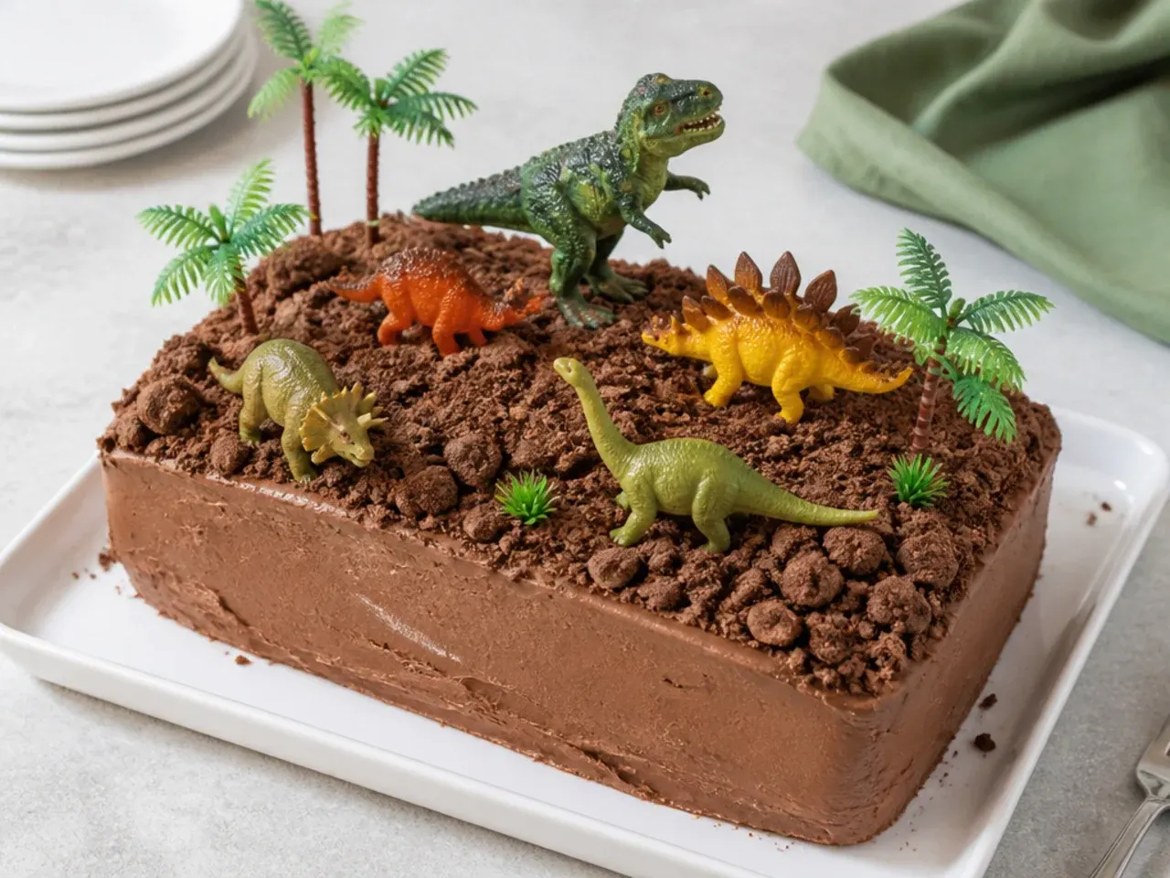 Quick supermarket hack dinosaur cake with toy dinos and crushed chocolate dirt