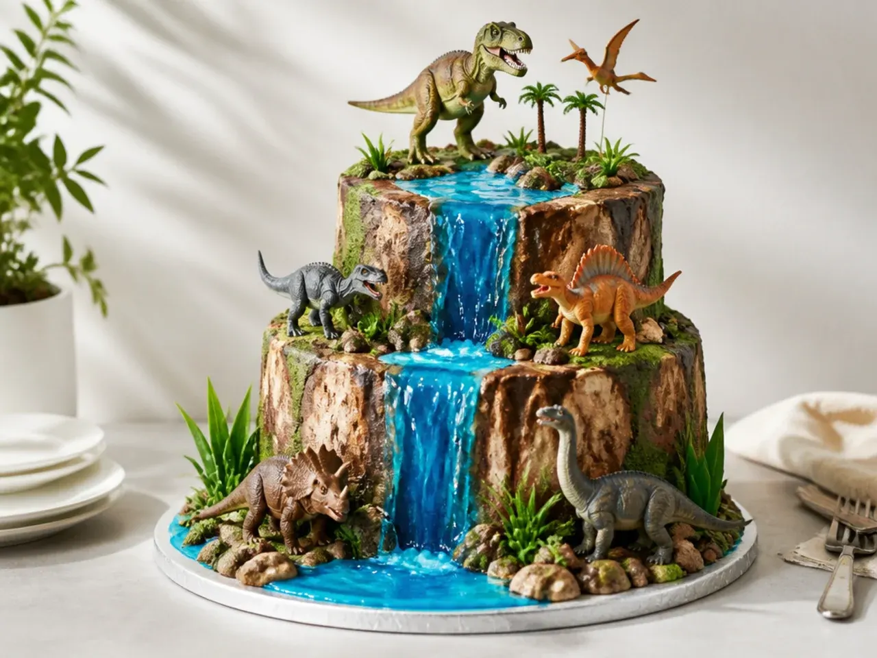 Two-tier Jurassic waterfall dinosaur cake with blue gel waterfall and cliff ledges