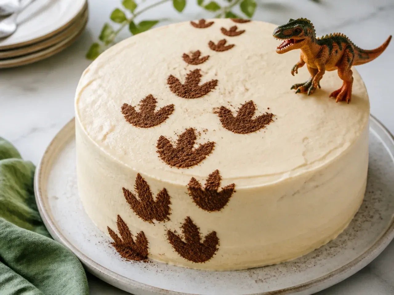 Playful dinosaur footprint tracks cake with cocoa-dusted prints and toy dinosaur
