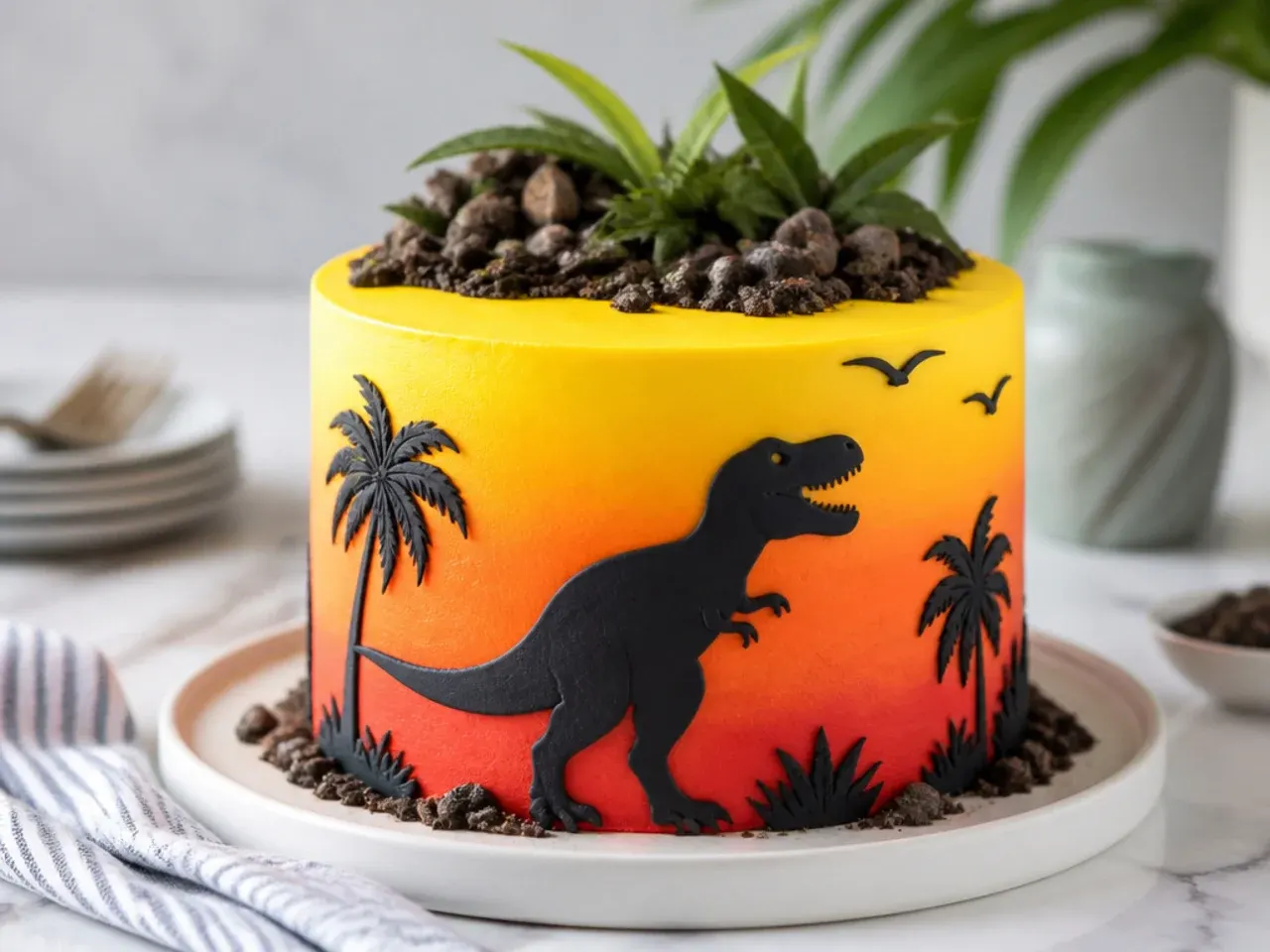 Sunset ombre dinosaur silhouette cake with black fondant T-Rex and palm trees