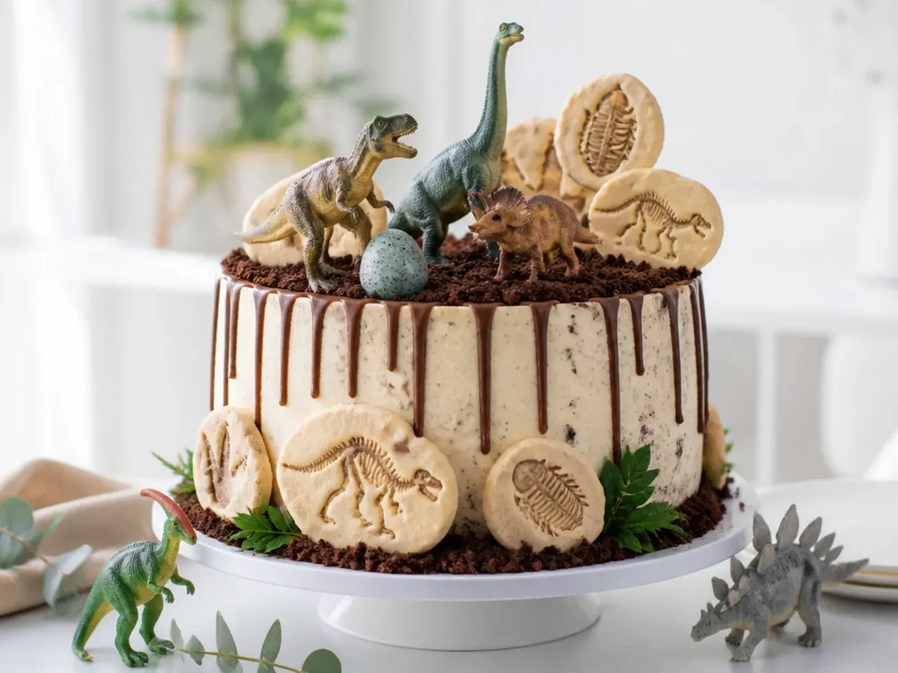 Fossil imprint cookies pressed with toy dinosaurs decorating a dinosaur party cake