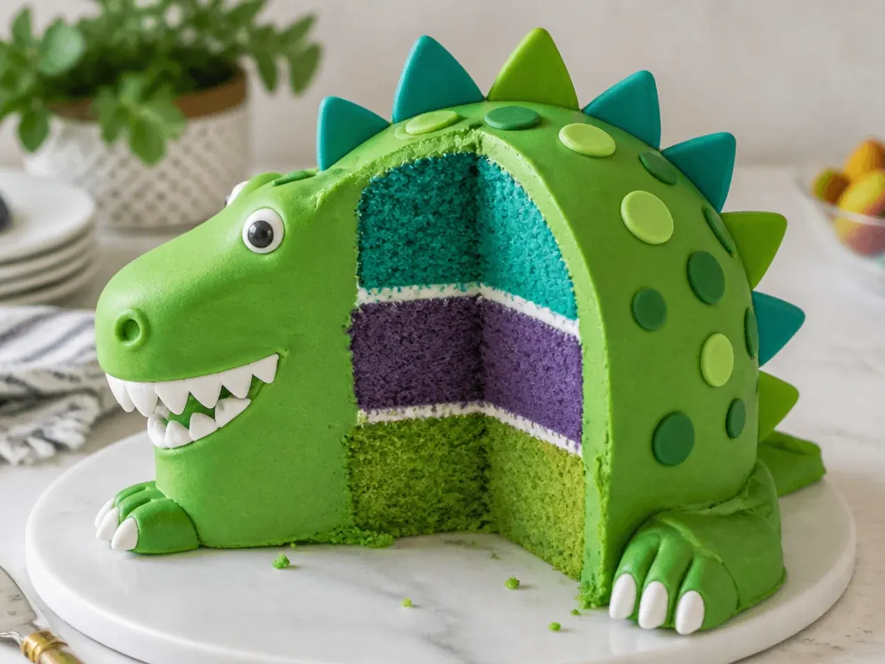 Colorful rainbow layer dinosaur cake cut open to show teal purple and green sponge